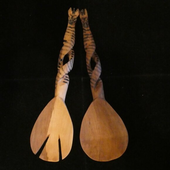 Hand Carved GIRAFFE WOODEN SPOON & FORK (Salad Servers) - Picture 5 of 7